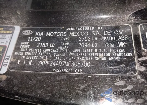 2021 Kia Forte Lxs из США, поврежденный, VIN 3KPF24AD7ME308700